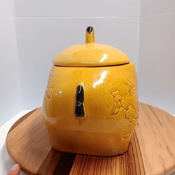 Doranne of CA Smiling Yellow Gold Hippo W/ Flowers Retro Vintage Cookie Jar MCM
